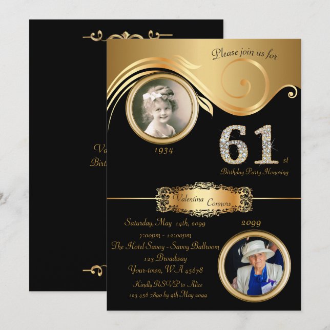 61st,Birthday Woman 61st,elegant art deco,black Invitation (Front/Back)