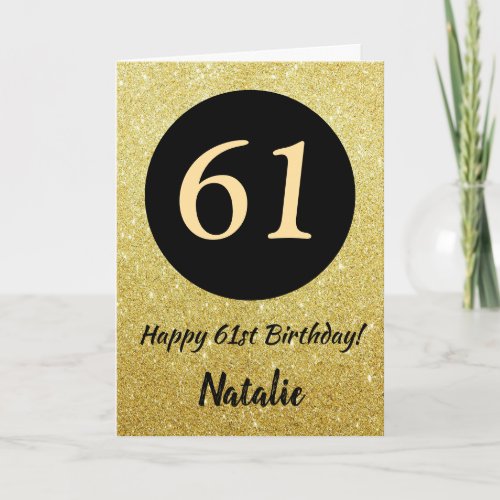 61st Happy Birthday Black and Gold Glitter Card
