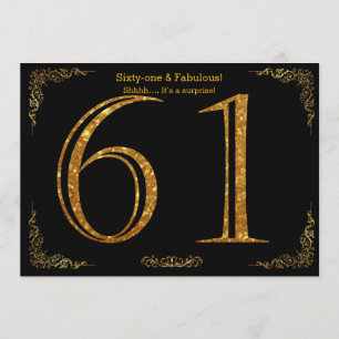 61th Birthday party,Gatsby styl,black gold glitter Invitation
