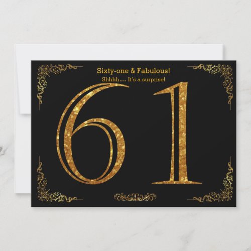 61th Birthday partyGatsby stylblack gold glitter Invitation