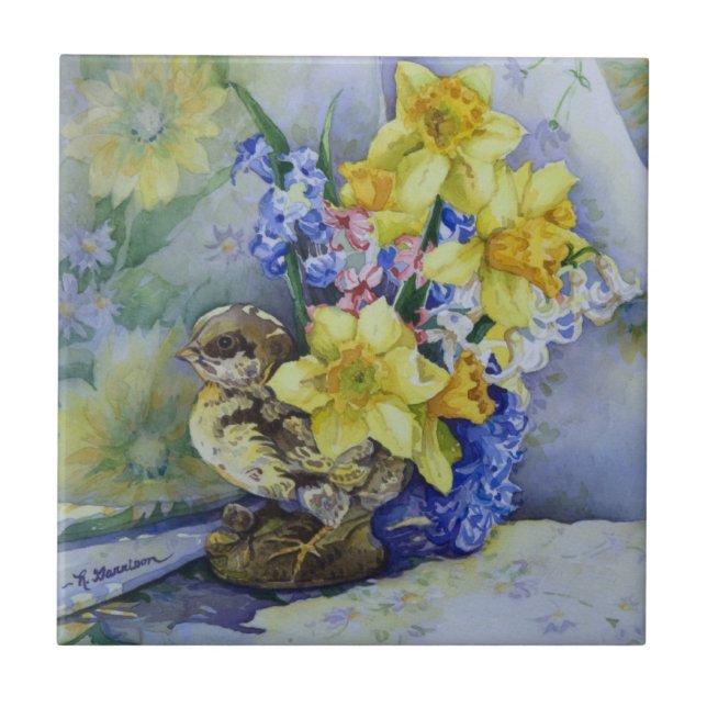 6296 Daffodils in Bird Planter Ceramic Tile (Front)