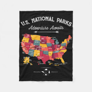 62 National Parks Map Gifts Us Park Vintage Campin Fleece Blanket