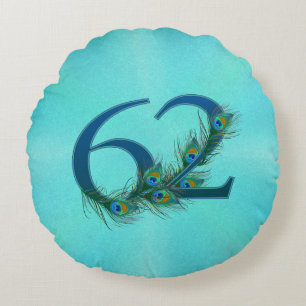 62 Peacock Feather Birthday Anniversary Elegant Round Pillow
