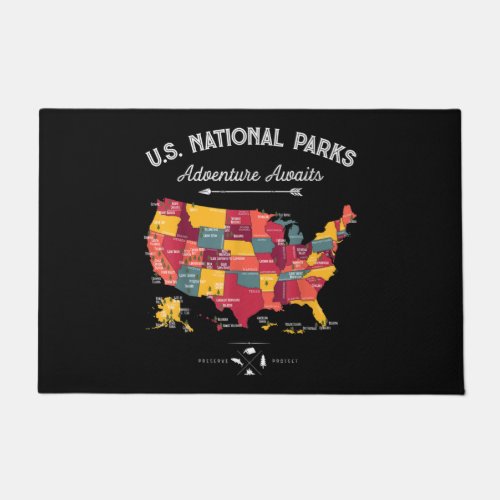 62 US National Parks Map Vintage Camping Hiking Doormat