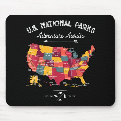 62 US National Parks Map Vintage Camping Hiking Mouse Pad