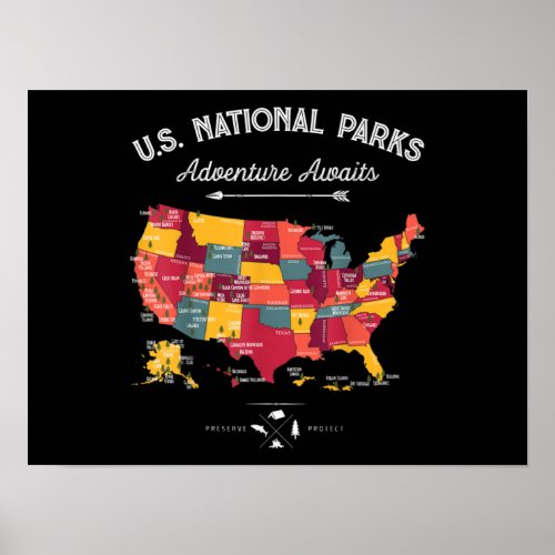 62 US National Parks Map Vintage Camping Hiking Poster