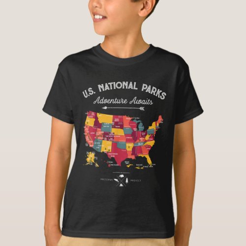 62 US National Parks Map Vintage Camping Hiking T_Shirt