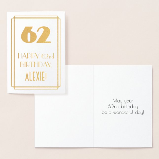 62nd Birthday: Art Deco Inspired Look "62" & Name Foil Card (Display)