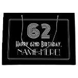 [ Thumbnail: 62nd Birthday — Art Deco Inspired Look "62" & Name Gift Bag ]
