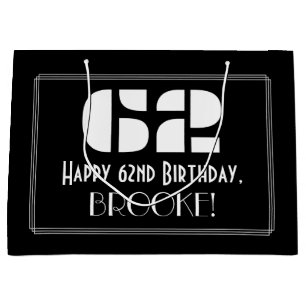 62nd Birthday ~ Art Deco Inspired Look "62" + Name Large Gift Bag