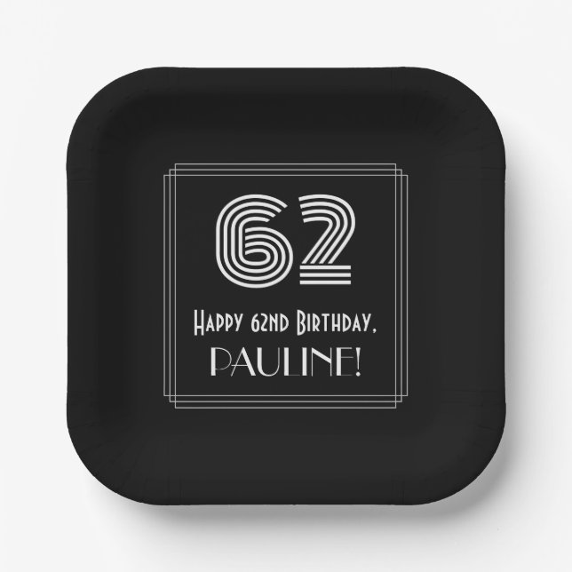 62nd Birthday — Art Deco Inspired Look “62” + Name Paper Plates (Front)