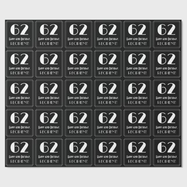62nd Birthday - Art Deco Inspired Look "62", Name Wrapping Paper (Flat)