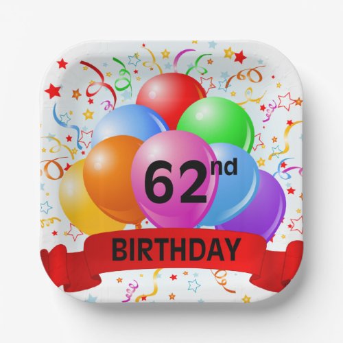 62nd Birthday Balloons Banner Paper Plates