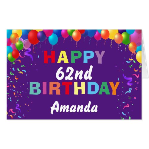 62nd Birthday Balloons Purple Extra Large Jumbo Card