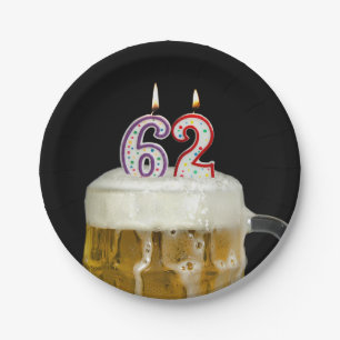 62nd birthday beer with candle paper plates