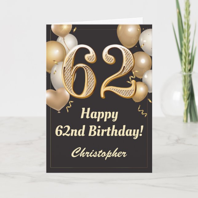 62nd Birthday Black and Gold Balloons Confetti Card (Front)