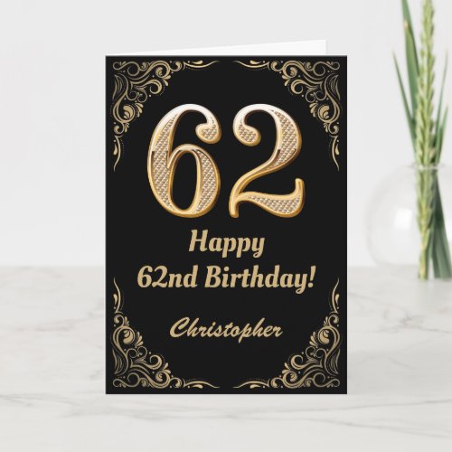 62nd Birthday Black and Gold Glitter Frame Card