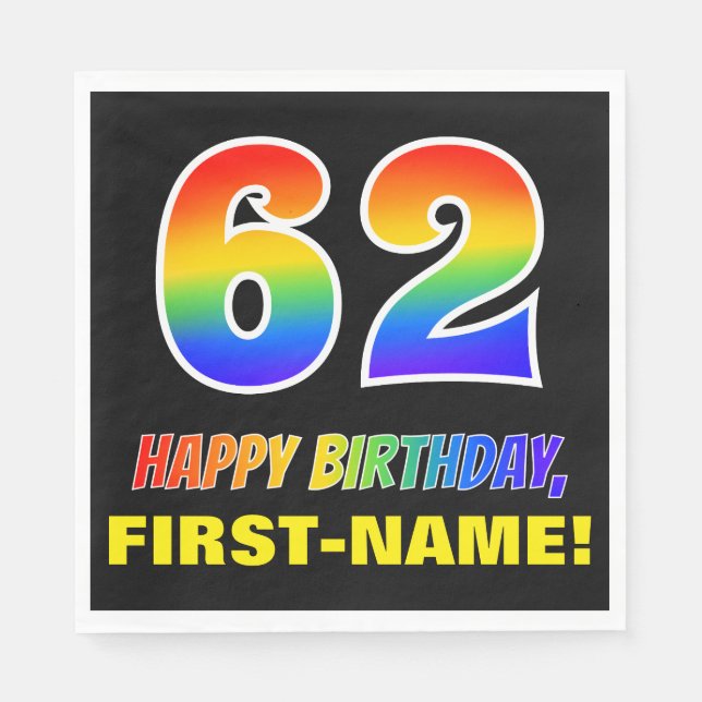 62nd Birthday: Bold, Fun, Simple, Rainbow 62 Napkins (Front)