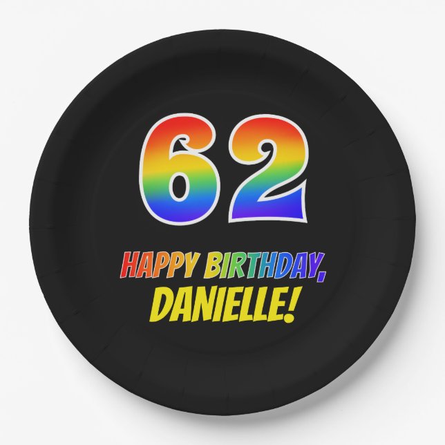 62nd Birthday: Bold, Fun, Simple, Rainbow 62 Paper Plates (Front)