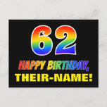 [ Thumbnail: 62nd Birthday: Bold, Fun, Simple, Rainbow 62 Postcard ]