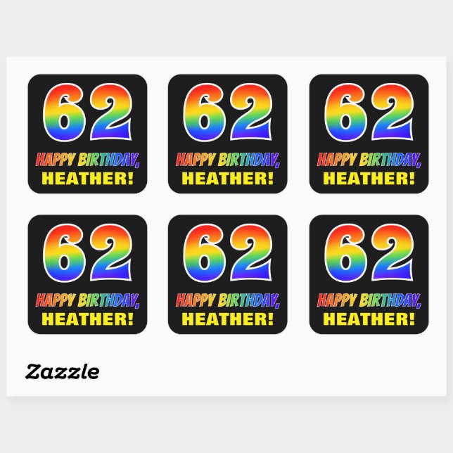 62nd Birthday: Bold, Fun, Simple, Rainbow 62 Square Sticker (Sheet)