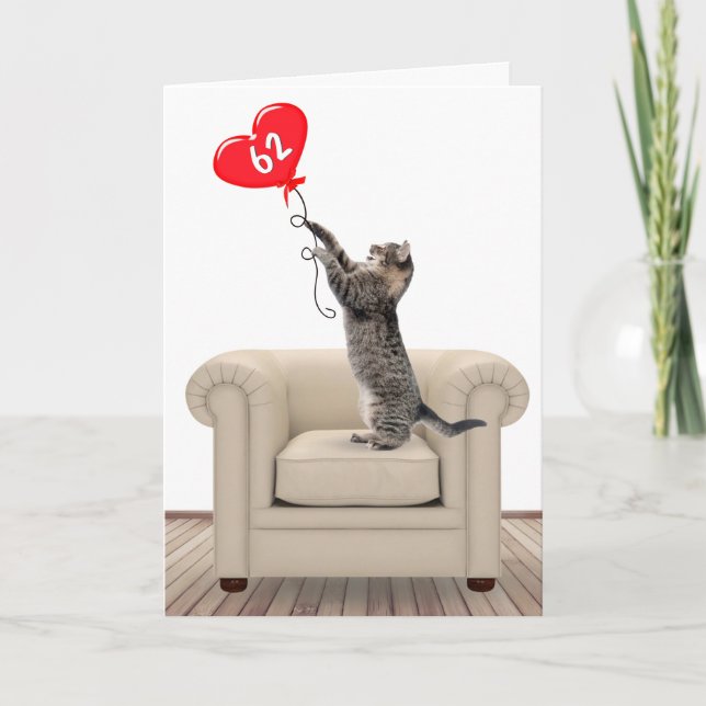 62nd Birthday Cat With Heart Balloon Card (Front)