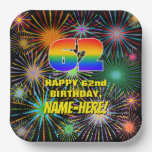 [ Thumbnail: 62nd Birthday: Colorful, Fun Celebratory Fireworks Paper Plates ]