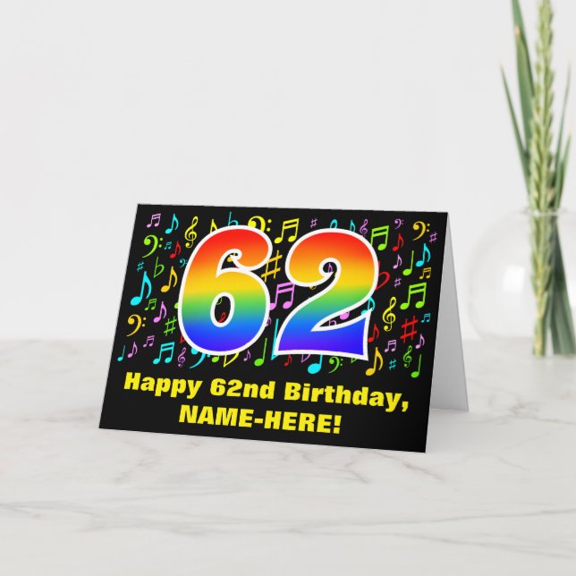 62nd Birthday: Colorful Music Symbols & Rainbow 62 Card (Front)