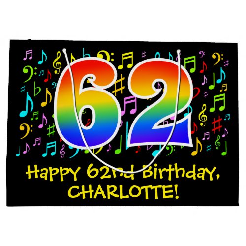 62nd Birthday _ Colorful Music Symbols Rainbow 62 Large Gift Bag