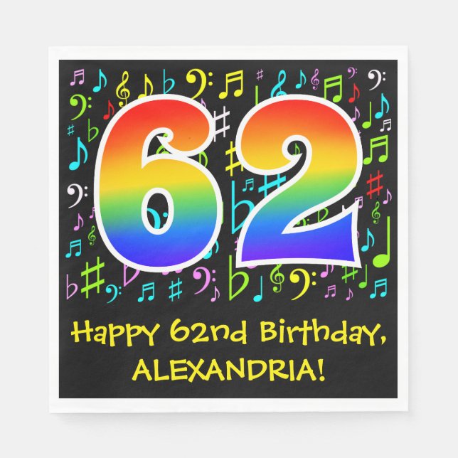 62nd Birthday - Colorful Music Symbols, Rainbow 62 Napkins (Front)