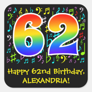 62nd Birthday: Colorful Music Symbols, Rainbow 62 Square Sticker