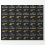 [ Thumbnail: 62nd Birthday: Elegant, Black, Faux Gold Look Wrapping Paper ]