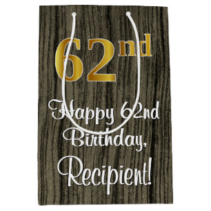 62nd Birthday: Elegant Faux Gold Look #, Faux Wood Medium Gift Bag