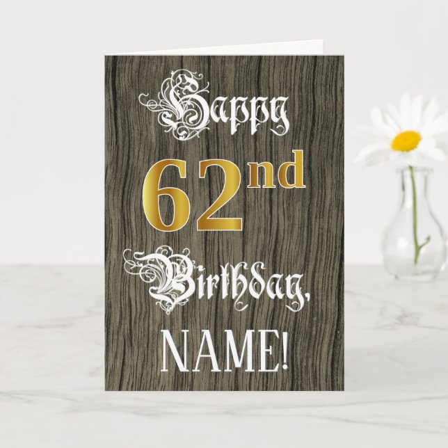 62nd Birthday: Faux Gold Look + Faux Wood Pattern Card (Small Plant)
