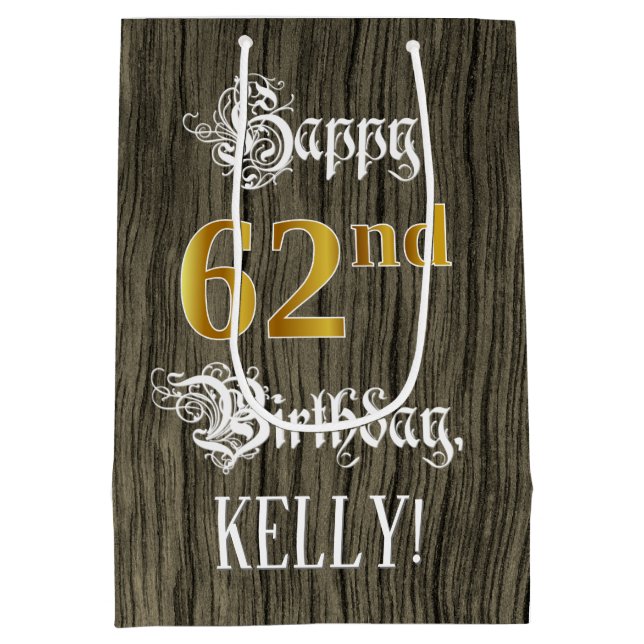 62nd Birthday: Faux Gold Look & Faux Wood Pattern  Medium Gift Bag (Back)