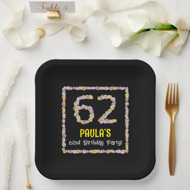 62nd Birthday: Floral Flowers Number, Custom Name Paper Plates (Wedding)