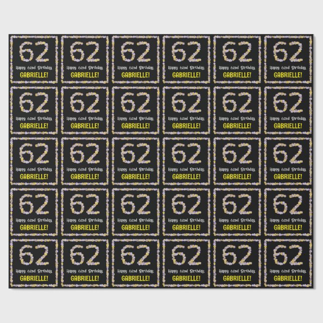 62nd Birthday: Floral Flowers Number, Custom Name Wrapping Paper (Flat)