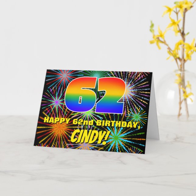 62nd Birthday: Fun, Colorful Celebratory Fireworks Card (Yellow Flower)