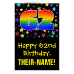 [ Thumbnail: 62nd Birthday: Fun, Colorful Stars + Rainbow # 62 Card ]