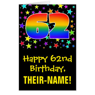 62nd Birthday: Fun, Colorful Stars + Rainbow # 62 Card