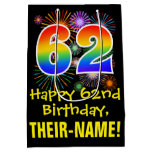 [ Thumbnail: 62nd Birthday: Fun Fireworks Pattern + Rainbow 62 Gift Bag ]