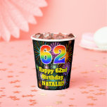 [ Thumbnail: 62nd Birthday: Fun Fireworks Pattern + Rainbow 62 Paper Cups ]