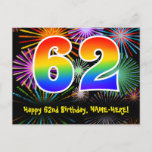 [ Thumbnail: 62nd Birthday – Fun Fireworks Pattern + Rainbow 62 Postcard ]