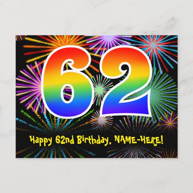 62nd Birthday – Fun Fireworks Pattern + Rainbow 62 Postcard (Front)