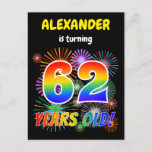 [ Thumbnail: 62nd Birthday - Fun Fireworks, Rainbow Look "62" Postcard ]