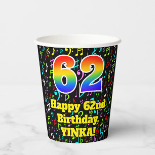 62nd Birthday: Fun Music Notes Pattern, Rainbow 62 Paper Cups