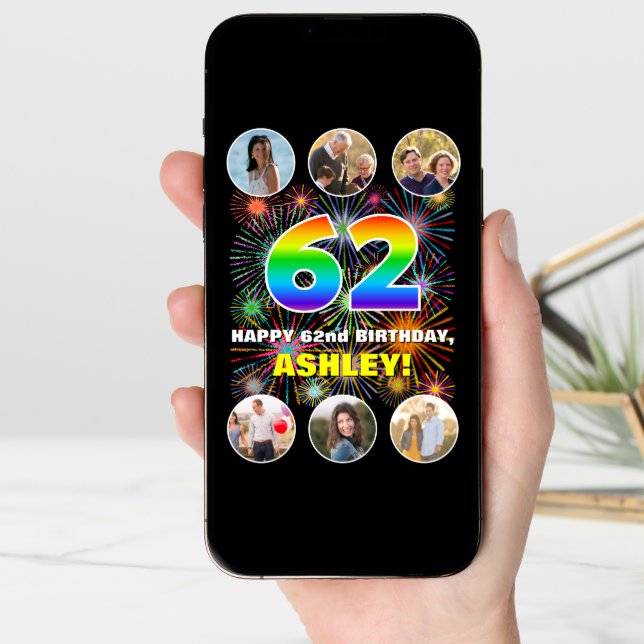 62nd Birthday: Fun Rainbow #, Custom Name & Photos Card (Front Digital)