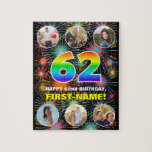 [ Thumbnail: 62nd Birthday: Fun Rainbow #, Custom Name + Photos Jigsaw Puzzle ]