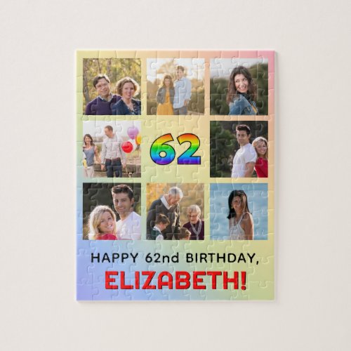 62nd Birthday Fun Rainbow  Custom Name  Photos Jigsaw Puzzle