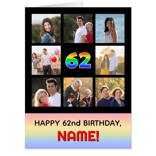 62nd Birthday: Fun Rainbow #, Custom Photos & Name Card (Front)